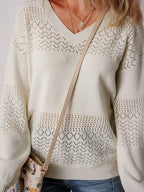 Eyelet Deatil V-Neck Long Sleeve Sweater