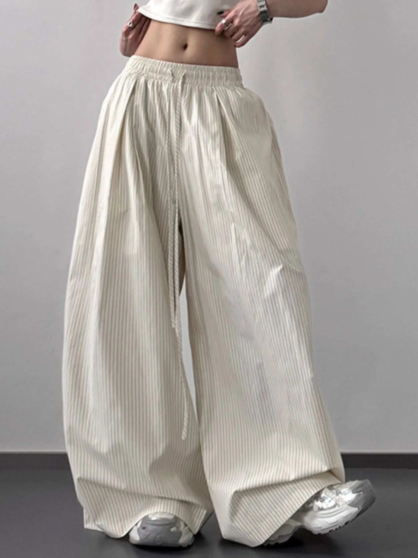 Striped Wide Leg Pants with Drawstring Waist