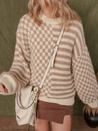 Stripe Checkerboard Drop Shoulder Balloon Sleeve Sweater