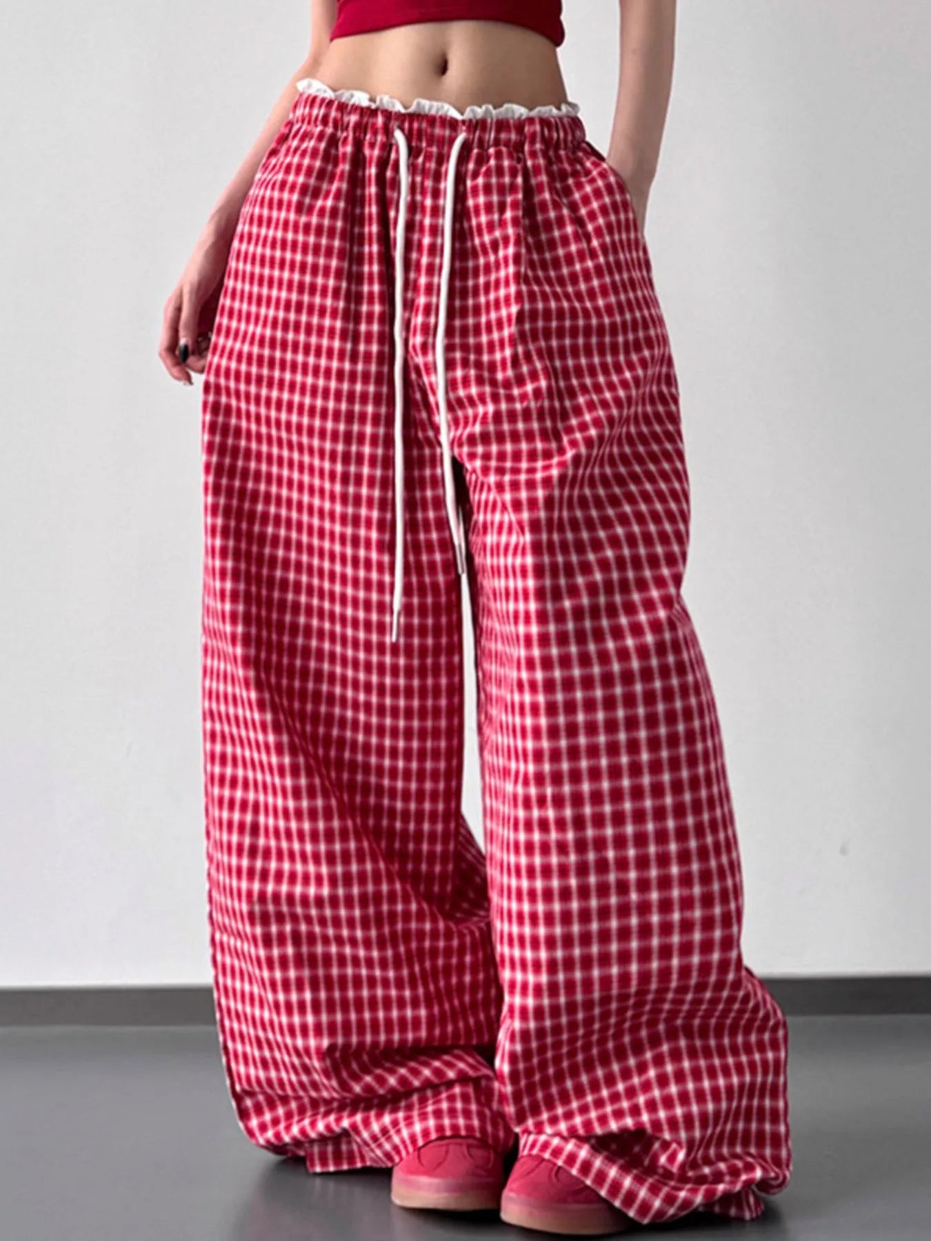 Drawstring Plaid Wide Leg Pants