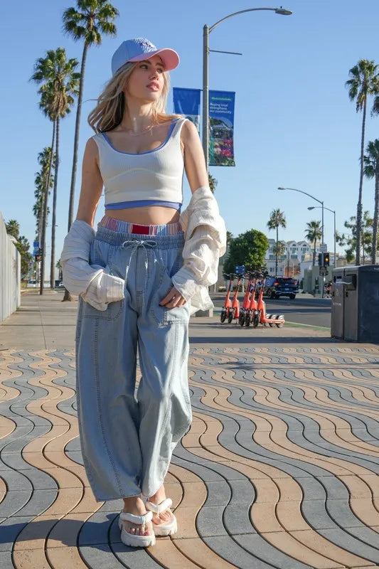 VERY J Washed Chambray Barrel Denim Pants