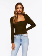 Ribbed Square Neck Long Sleeve Sweater
