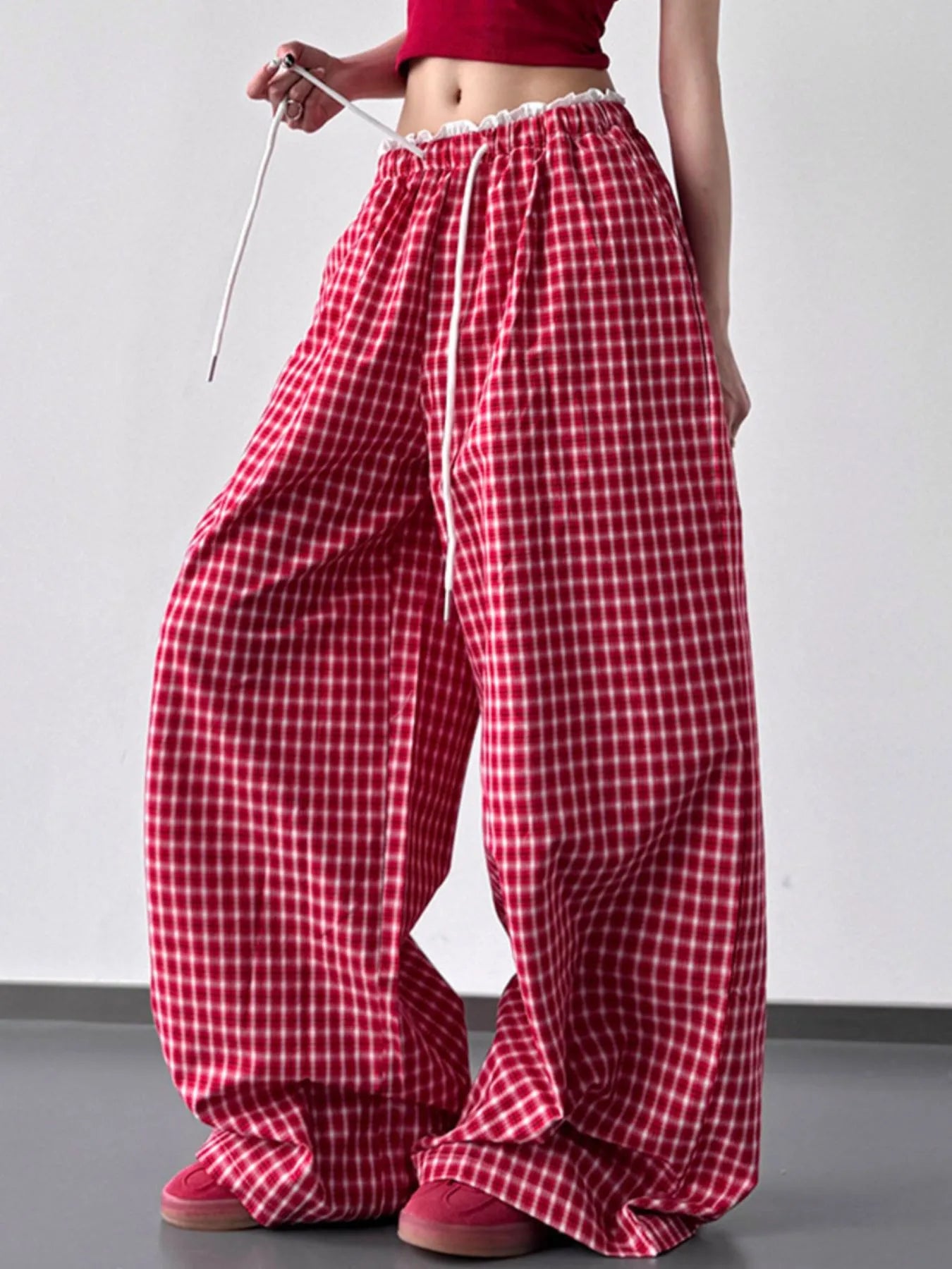 Drawstring Plaid Wide Leg Pants