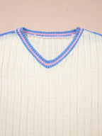 Striped V Neck Dolman Sleeve Rib Knit Oversized Sweater with Slits