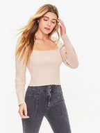 Ribbed Square Neck Long Sleeve Sweater