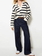 Striped Johnny Collar Long Sleeve Sweater