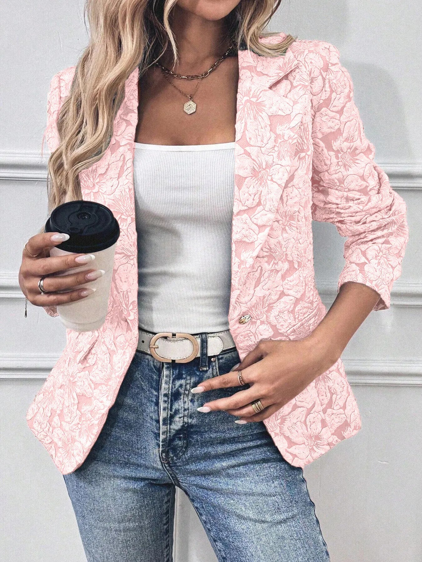 Floral Print Single Button Blazer with Pockets