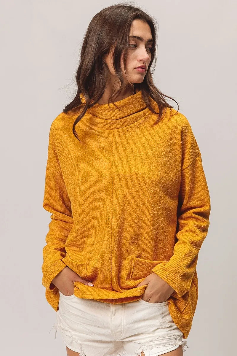 BiBi Piper Rib Double Pocket Turtle Neck Sweater