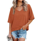 Oversize V-Neck Short Sleeve Casual Flowy Top