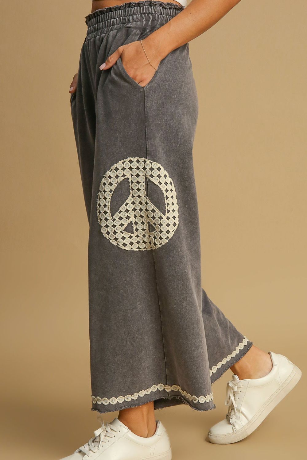 Umgee Full Size Peace Lace Applique Mineral Wash Wide Leg Pants Plus Size