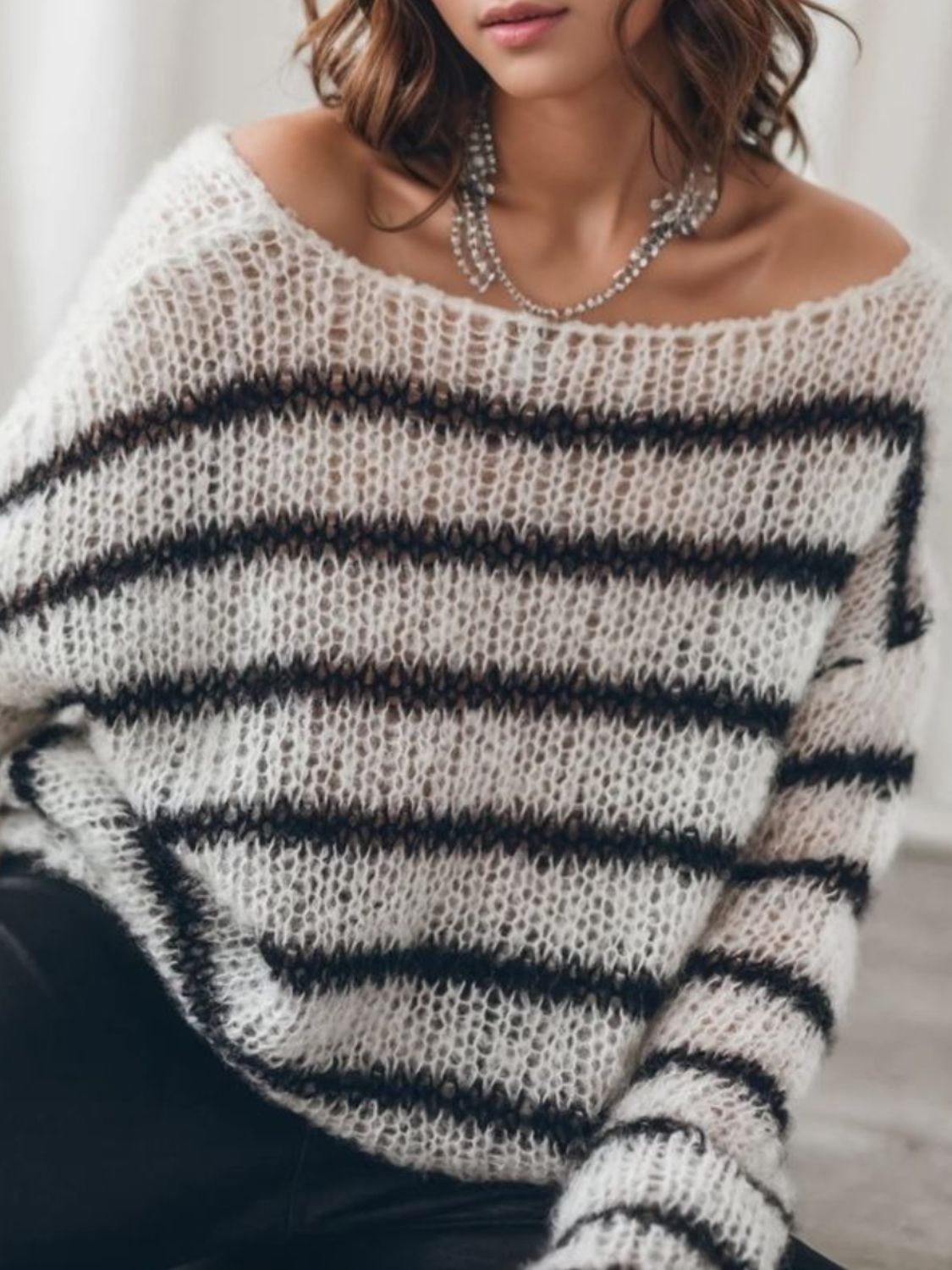 Striped Boat Neck Drop Shoulder Sweater