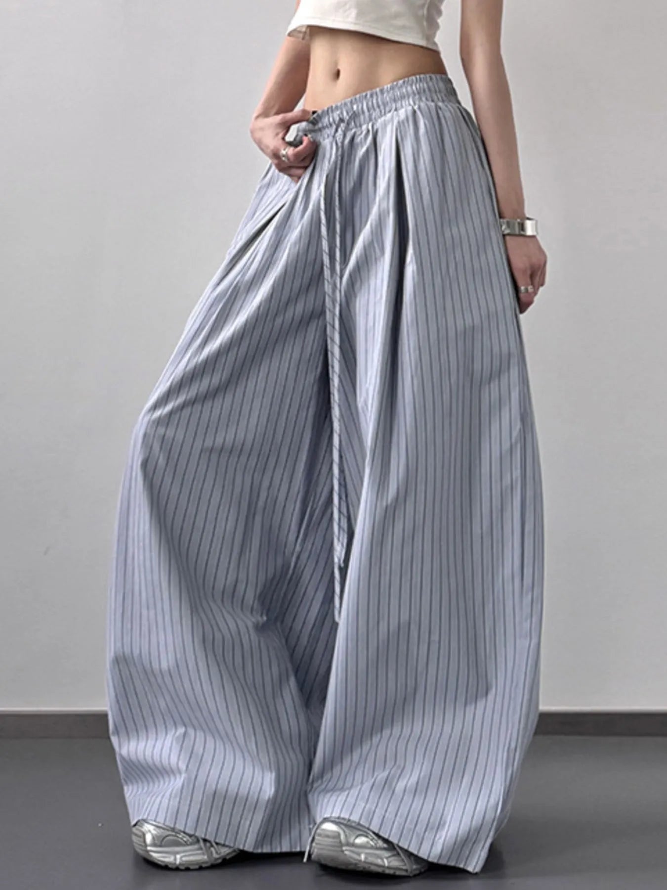 Striped Wide Leg Pants with Drawstring Waist