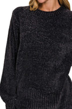 Zenana Round Neck Balloon Sleeve Chenille Sweater