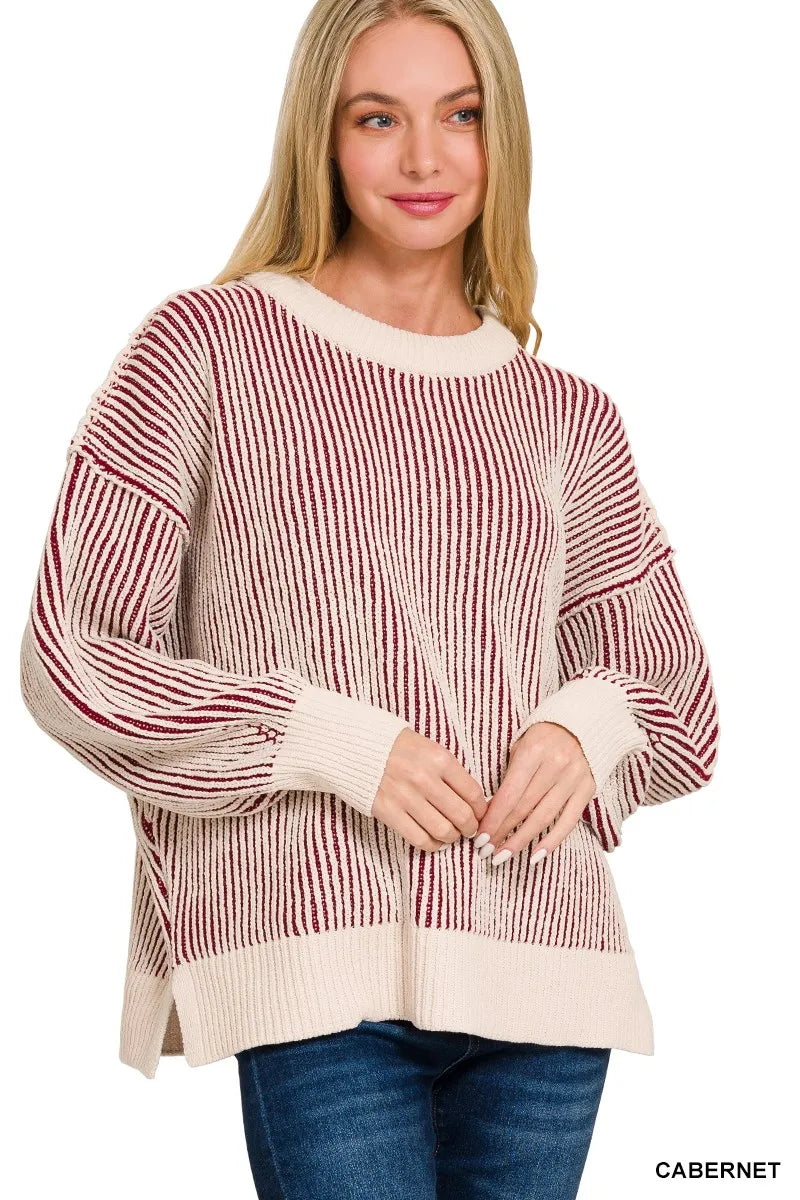 Zenana Two Tone Crewneck Sweater Oversized