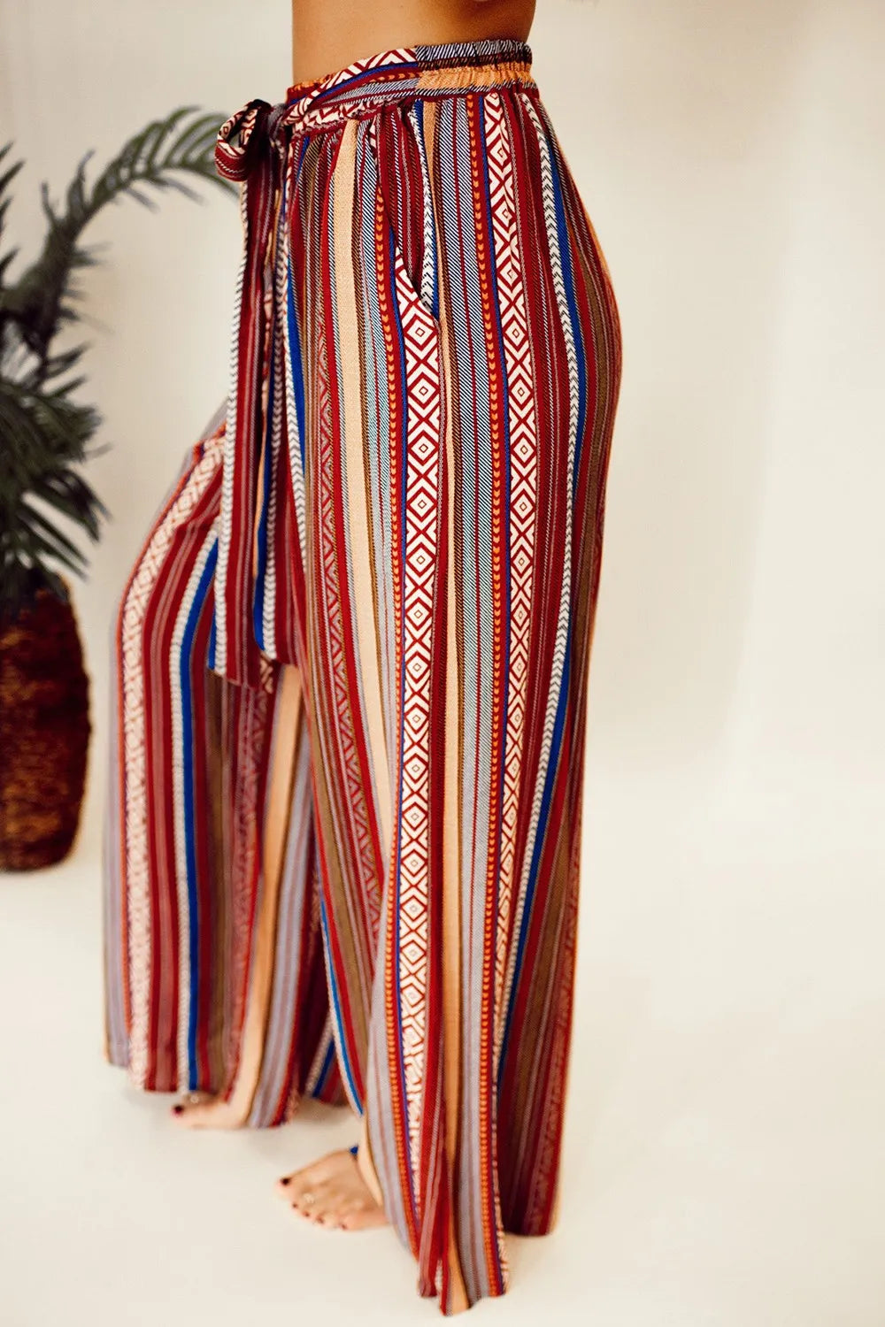 Printed Tied Wide Leg Pants Striped