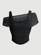 Women's Asymmetric Ruched Mesh Crop Top