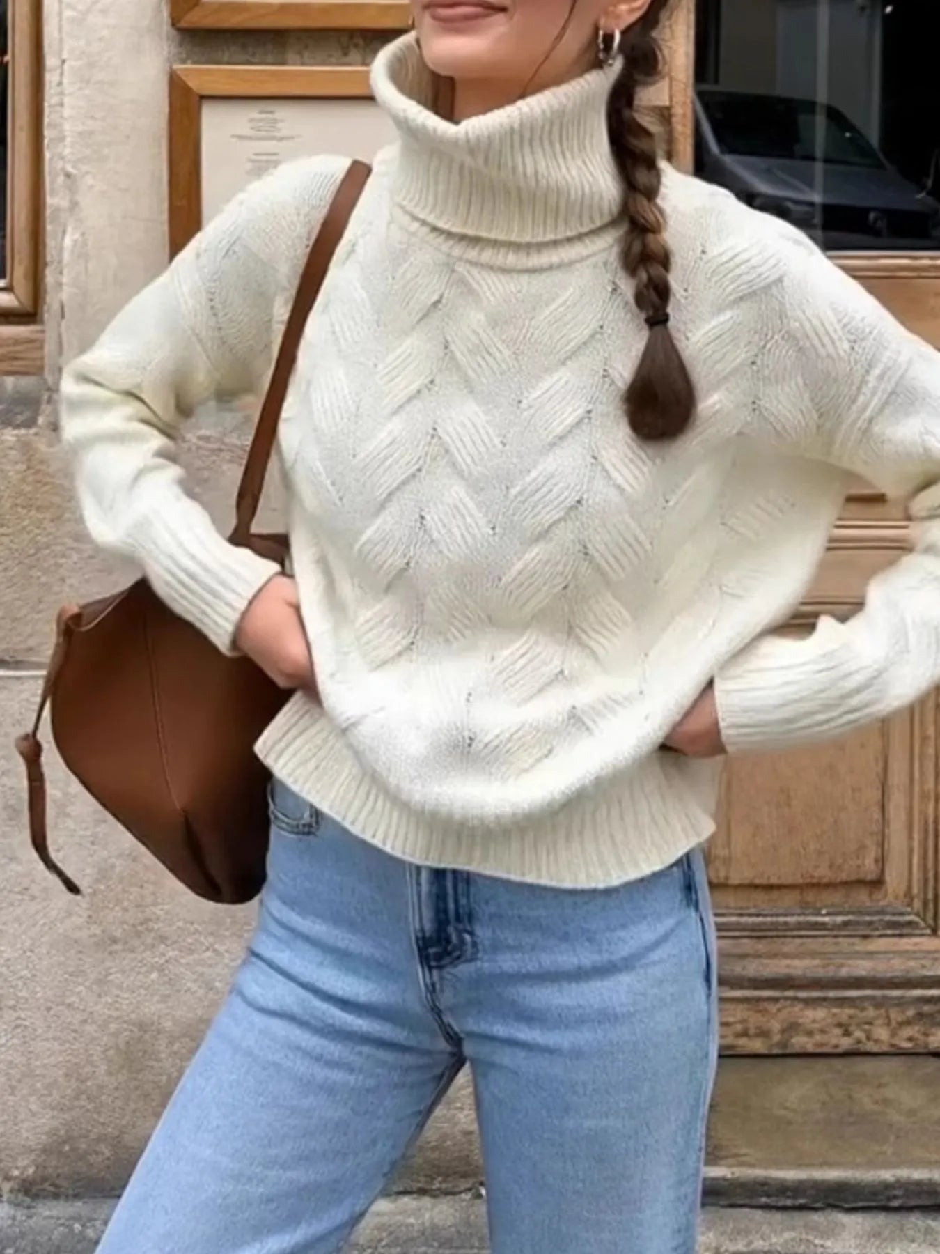 Ribbed Hem Turtleneck Long Sleeve Sweater