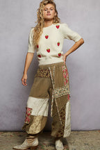 POL Round Neck Strawberry Patch Sweater with Shirring Shoulder