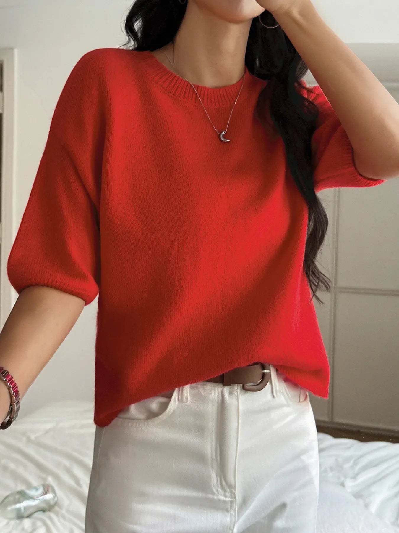 Ribbed Hem Round Neck Sweater