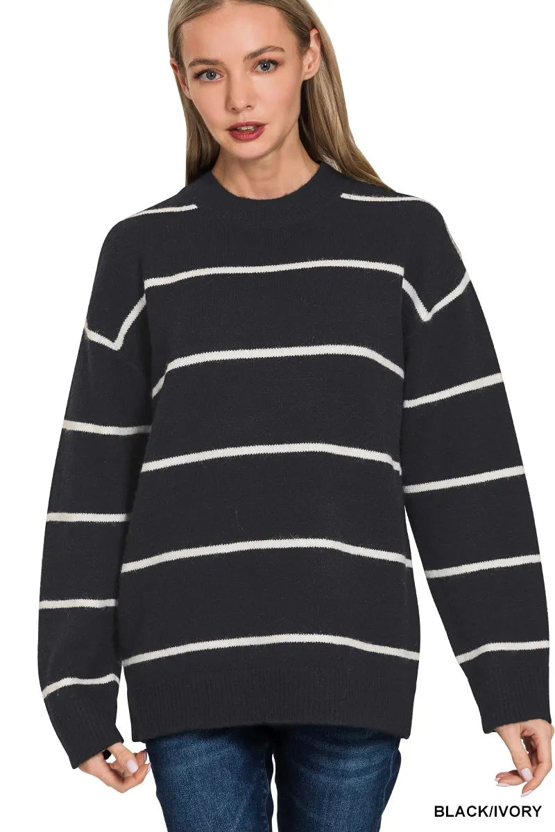 Zenana Round Neck Stripe Sweater Oversized