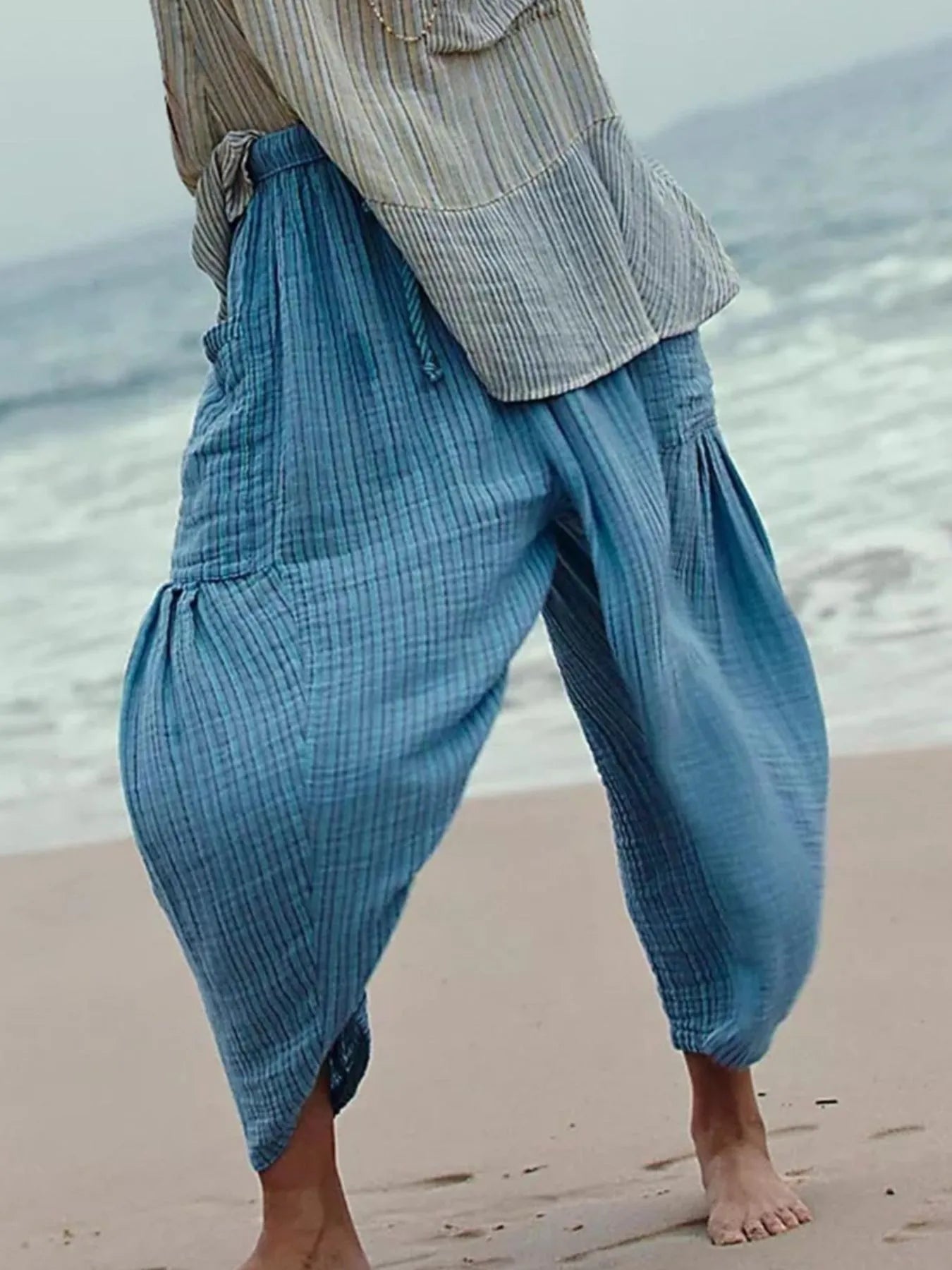 Full Size Striped Wide Leg Casual Pants Plus Size