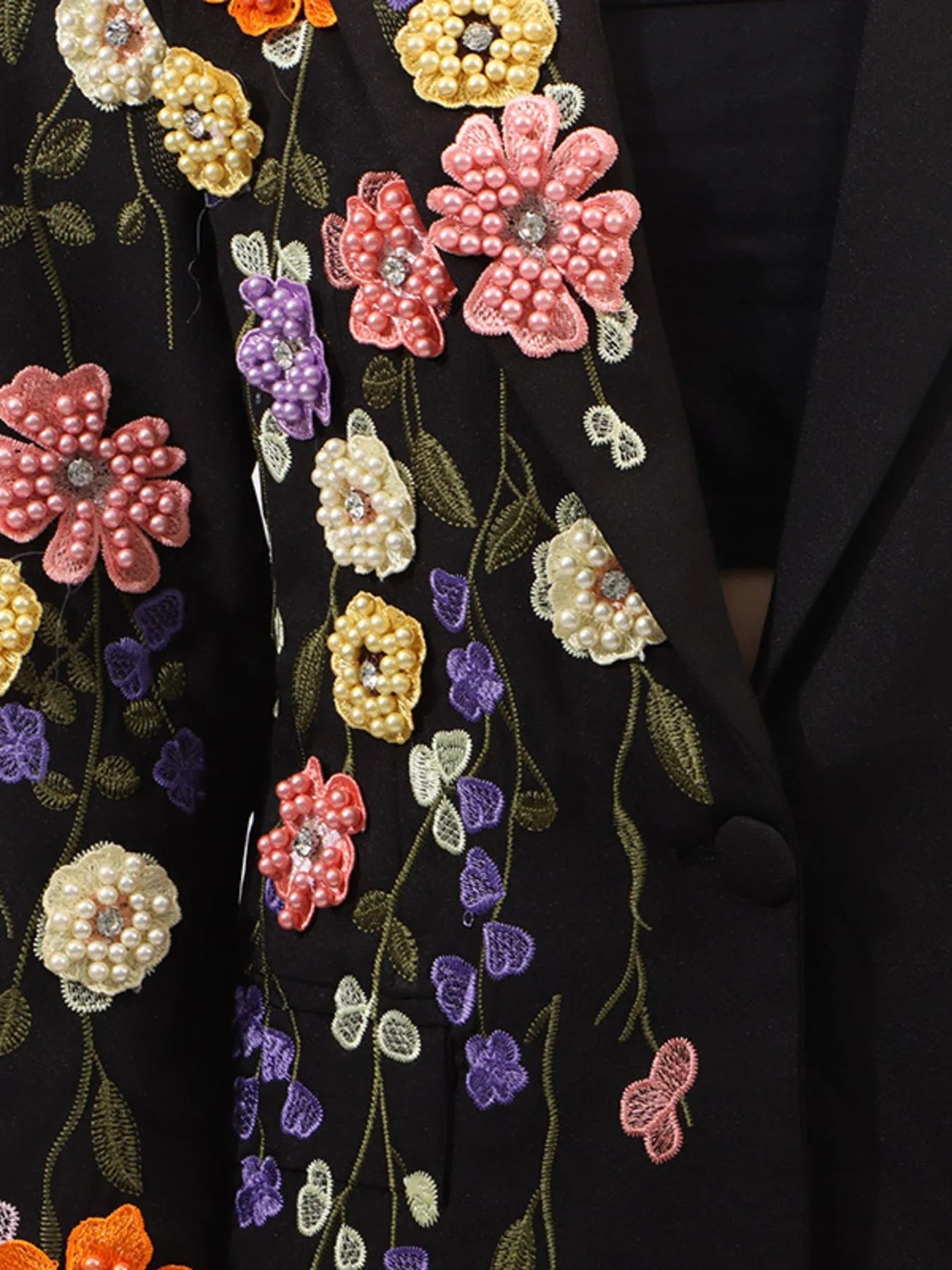 Pearl Detail Flower Lapel Collar Blazer