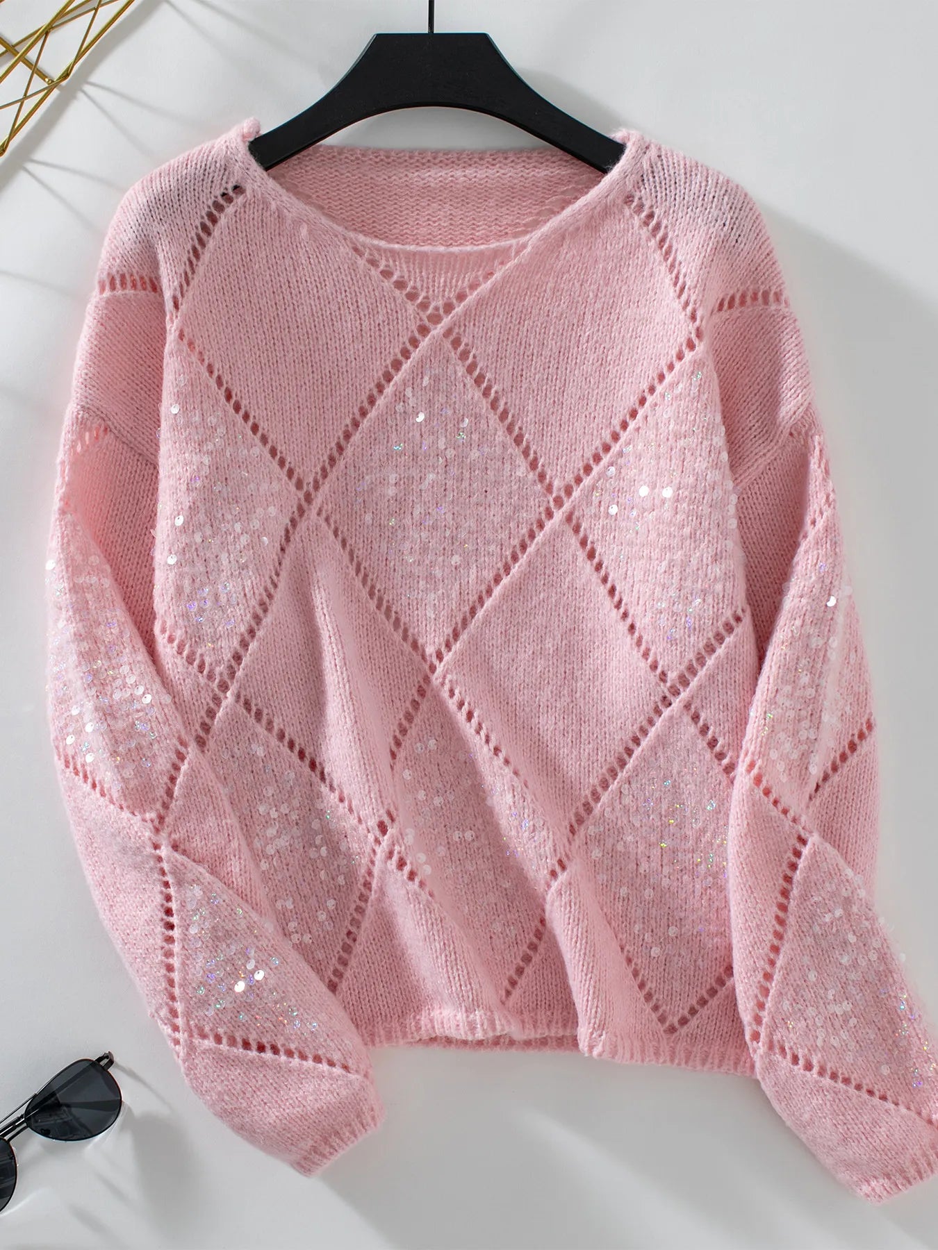Sequin Openwork Long Sleeve Sweater