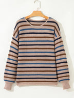 Multicolour Striped Knitted Drop Shoulder Round Neck Sweater