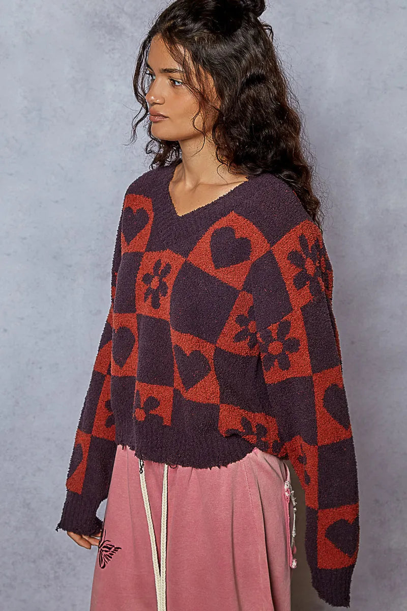 POL V-Neck Heart Pattern Checkered Sweater Oversized