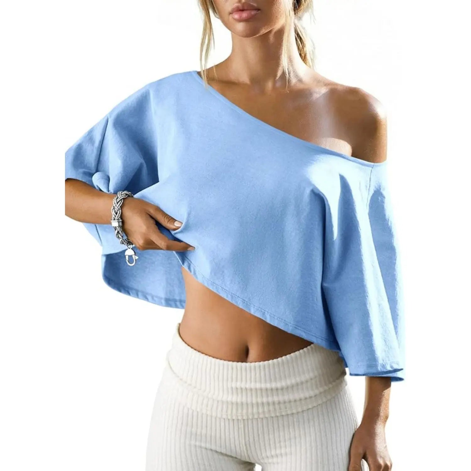 Cotton Off-Shoulder Batwing Sleeve Crop Top Tee