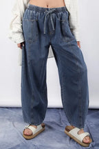 VERY J Washed Chambray Barrel Denim Pants
