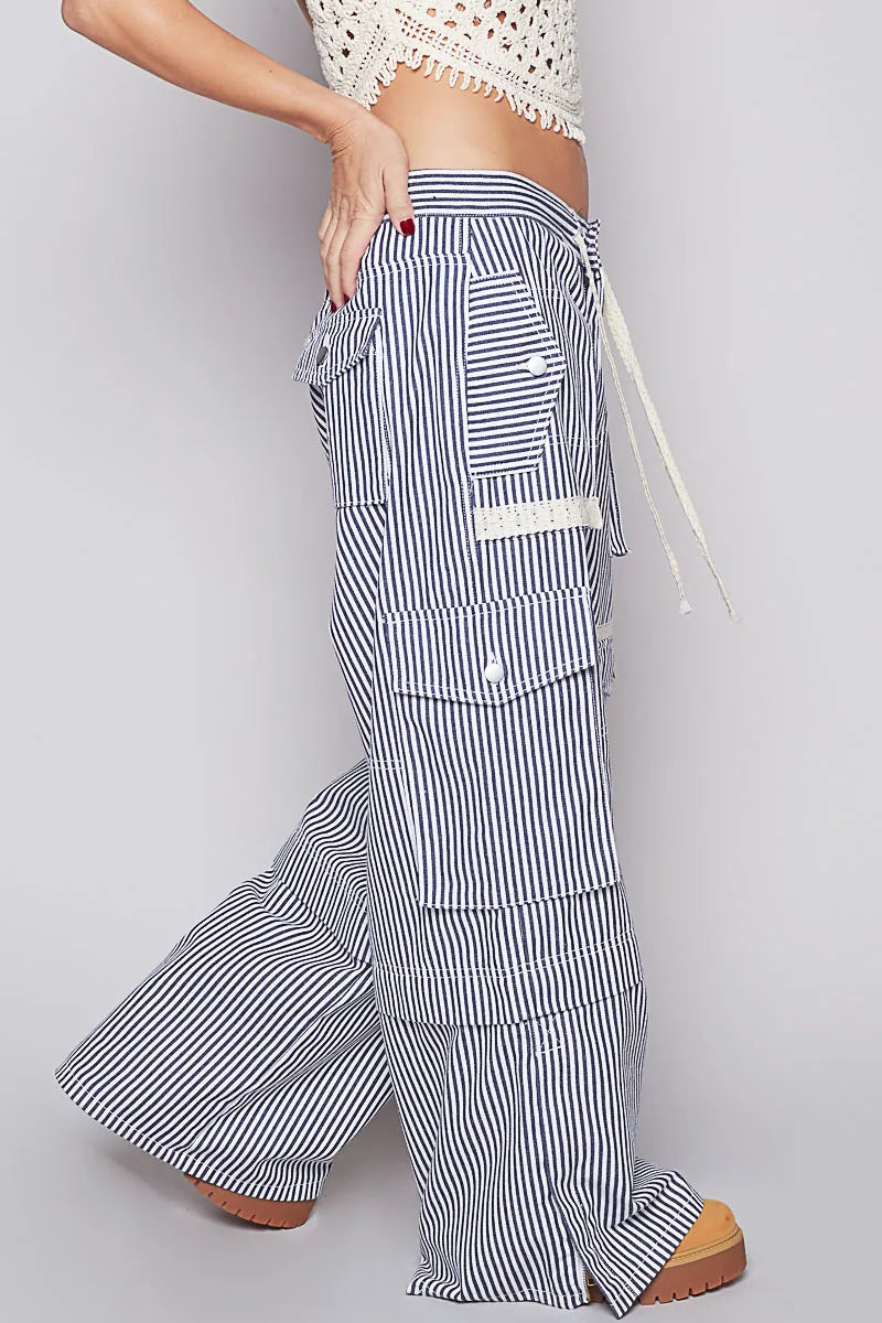 POL Striped Wide Leg Pants with Cargo Pockets
