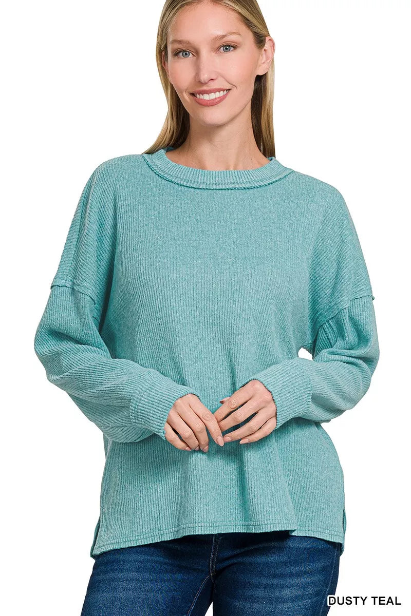 Zenana Brushed Ribbed Hacci Drop Shoulder Sweater