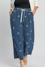 Umgee Full Size Lace Drawstring Embroidered Bow Wide Leg Pants Plus Size