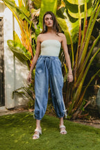 BiBi Striped Tape Details With Bot Tied Point Elastic Waist Jeans
