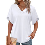 Womens Summer V-Neck Petal Sleeve Blouse Casual