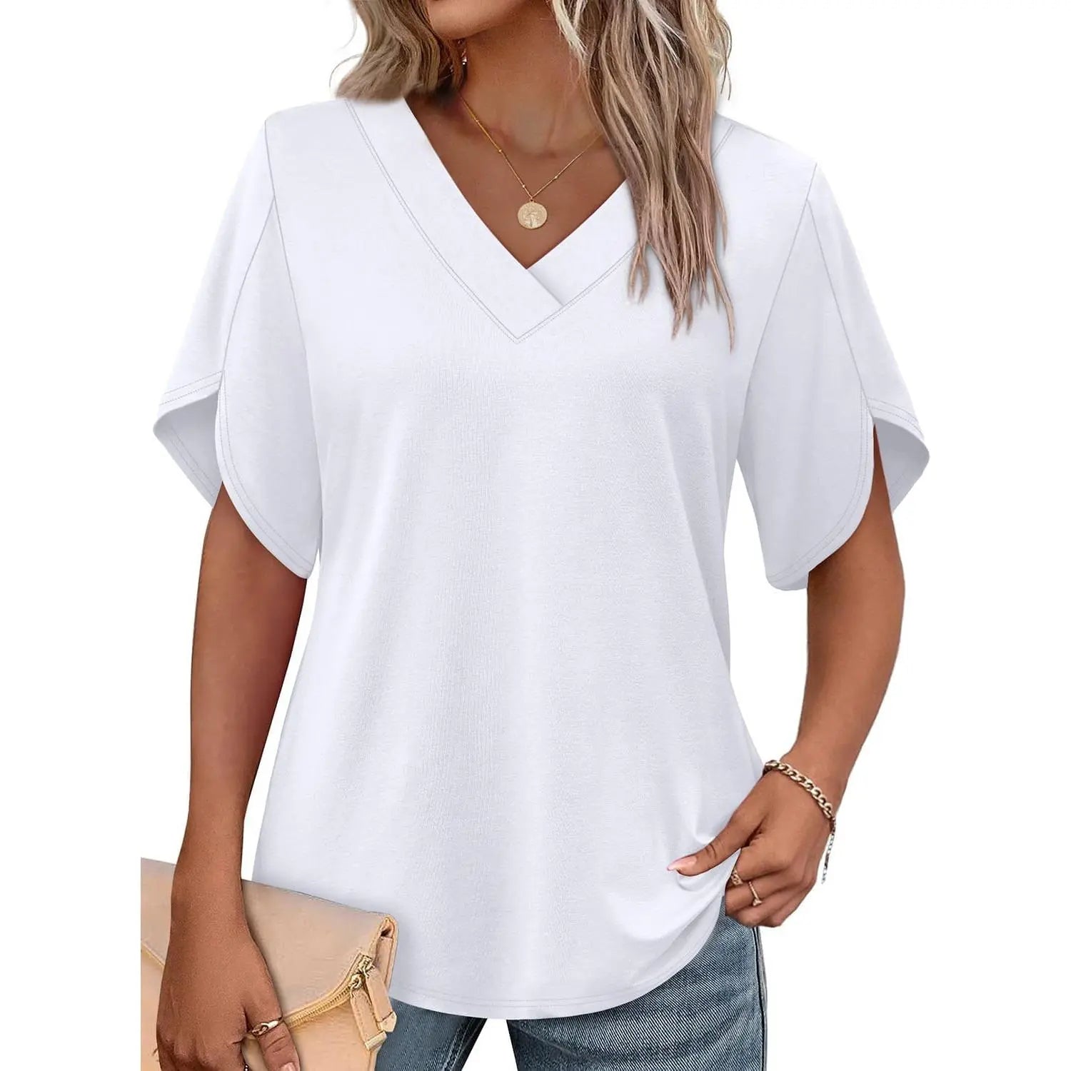 Womens Summer V-Neck Petal Sleeve Blouse Casual