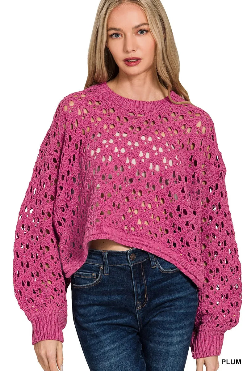 Zenana Oversized Cropped Crochet Knit Sweater