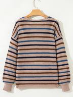 Multicolour Striped Knitted Drop Shoulder Round Neck Sweater