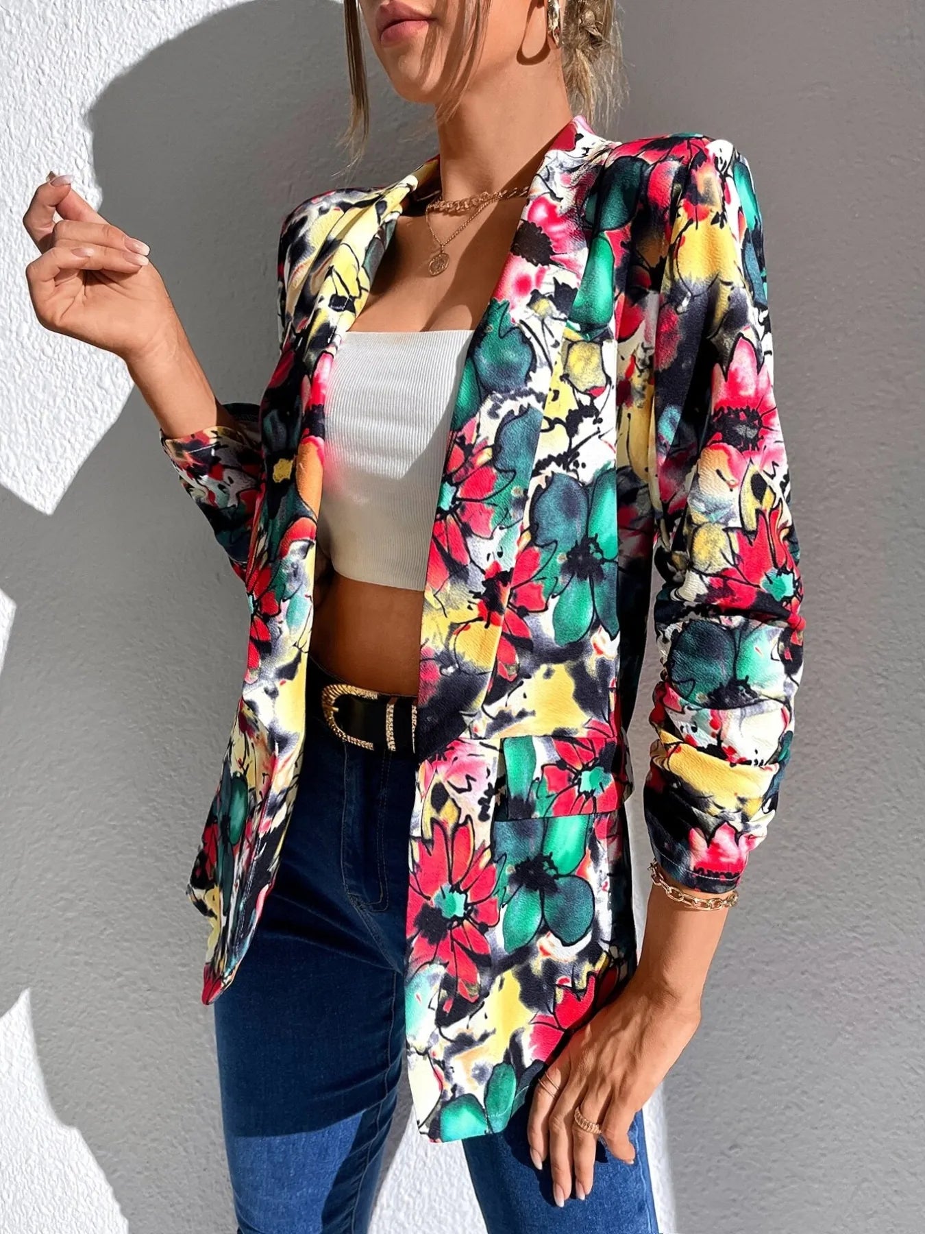 Vibrant Floral Print Open Front Blazer