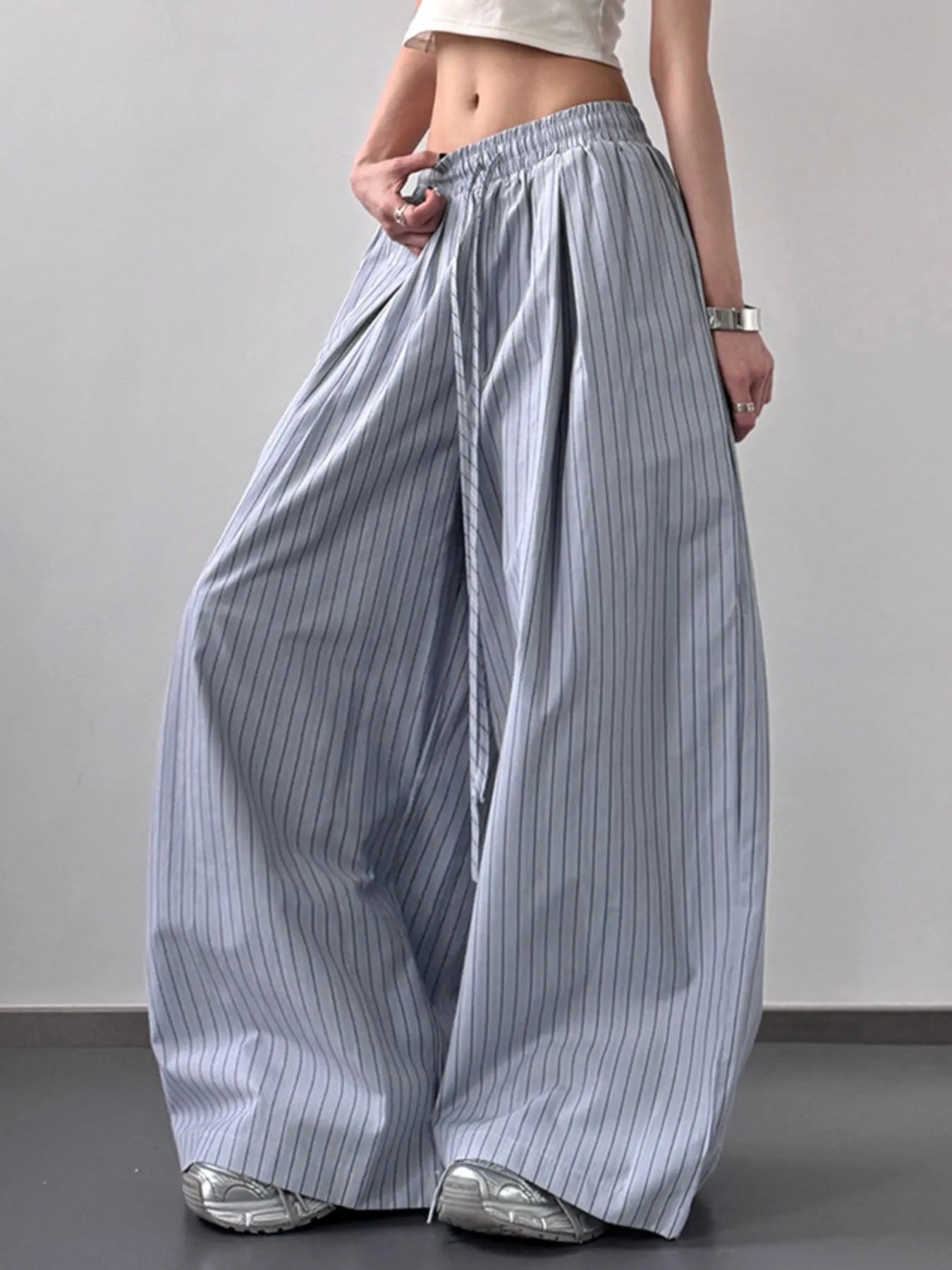 Striped Wide Leg Pants with Drawstring Waist