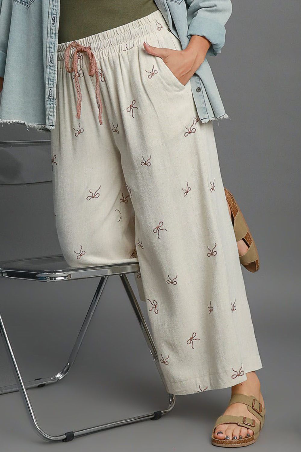 Umgee Full Size Lace Drawstring Embroidered Bow Wide Leg Pants Plus Size