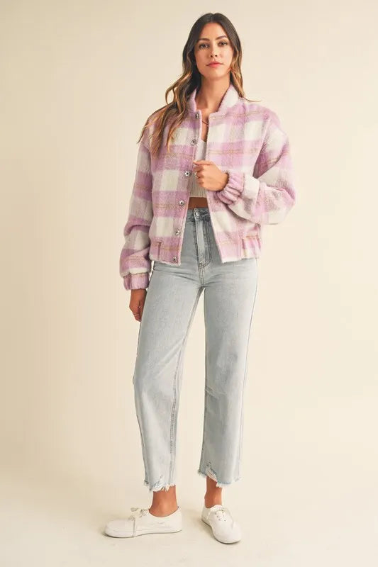 MABLE Plaid Print Fuzzy Bomber Jacket